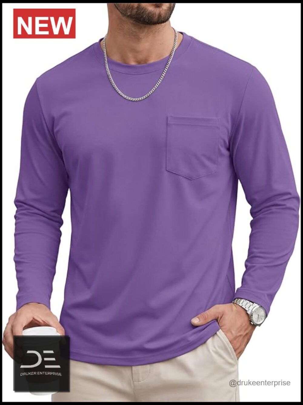 Long Sleeve Crew Neck T-Shirt with Pocket Moisture Wicking Soft Basic Pullover